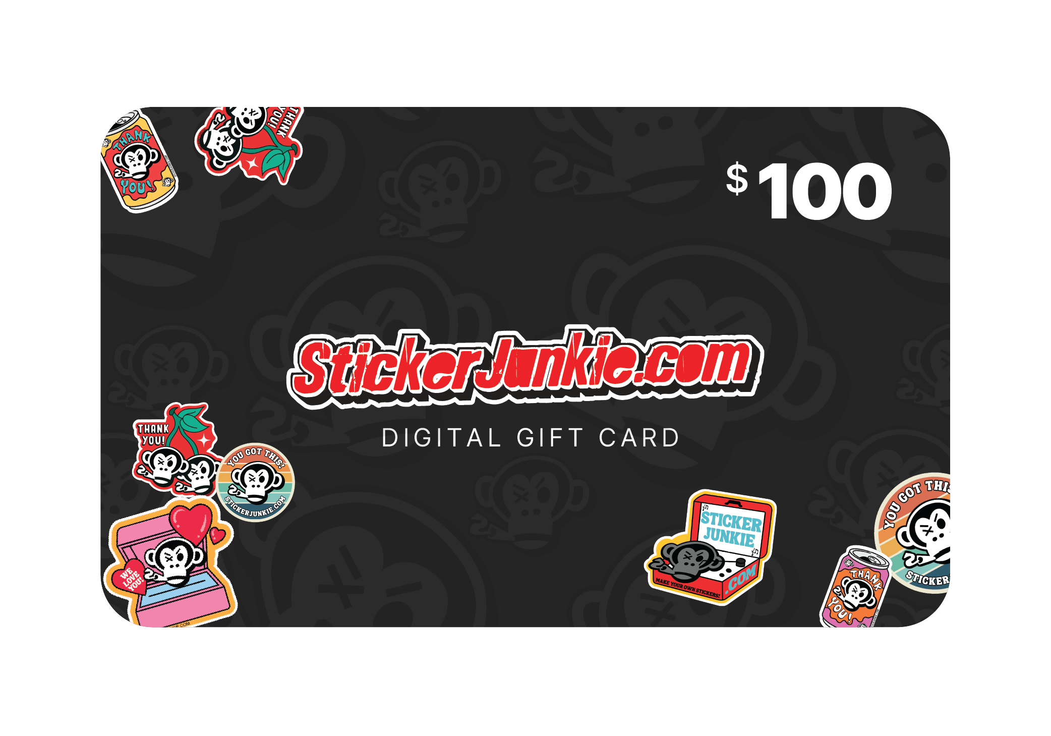 A $100 digital gift card with a black background featuring playful cartoon monkey stickers and bold red text reading "StickerJunkie.com."