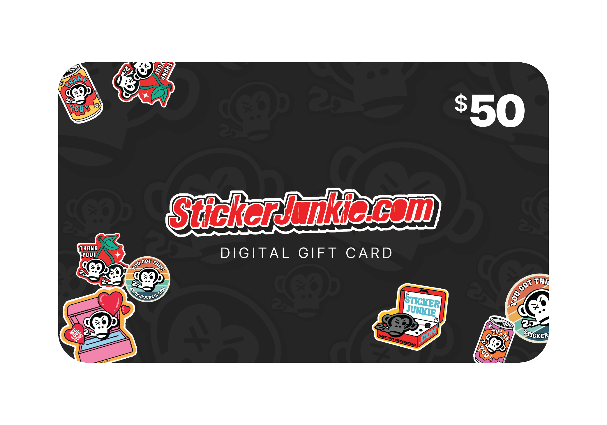 A $50 digital gift card with a black background featuring playful cartoon monkey stickers and bold red text reading "StickerJunkie.com."