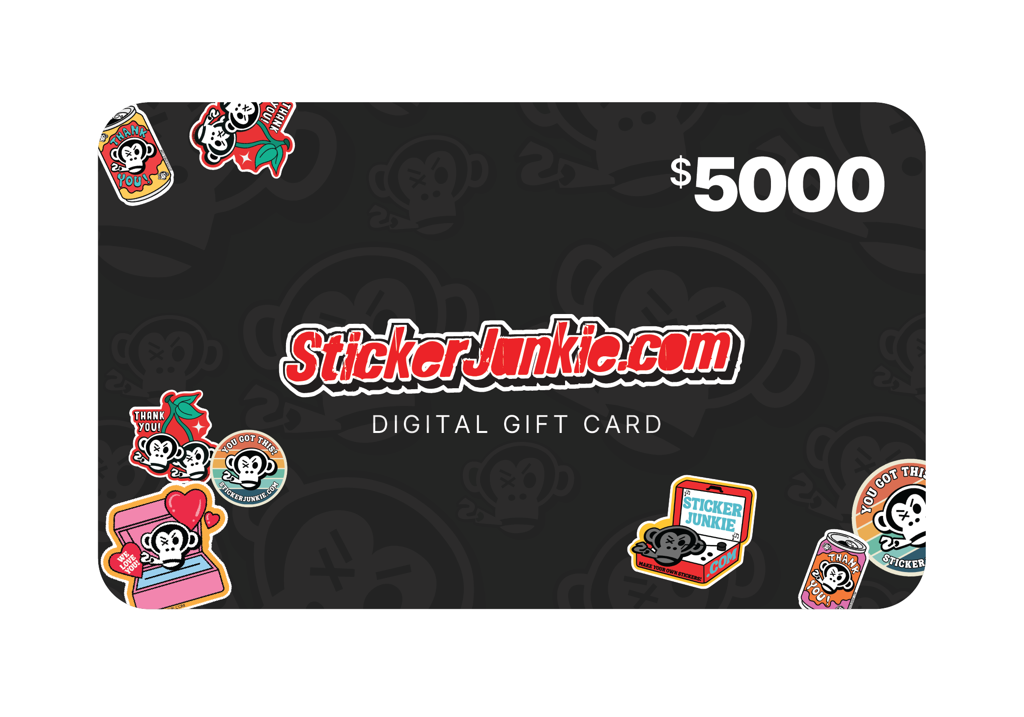 A $5000 digital gift card with a black background featuring playful cartoon monkey stickers and bold red text reading "StickerJunkie.com."
