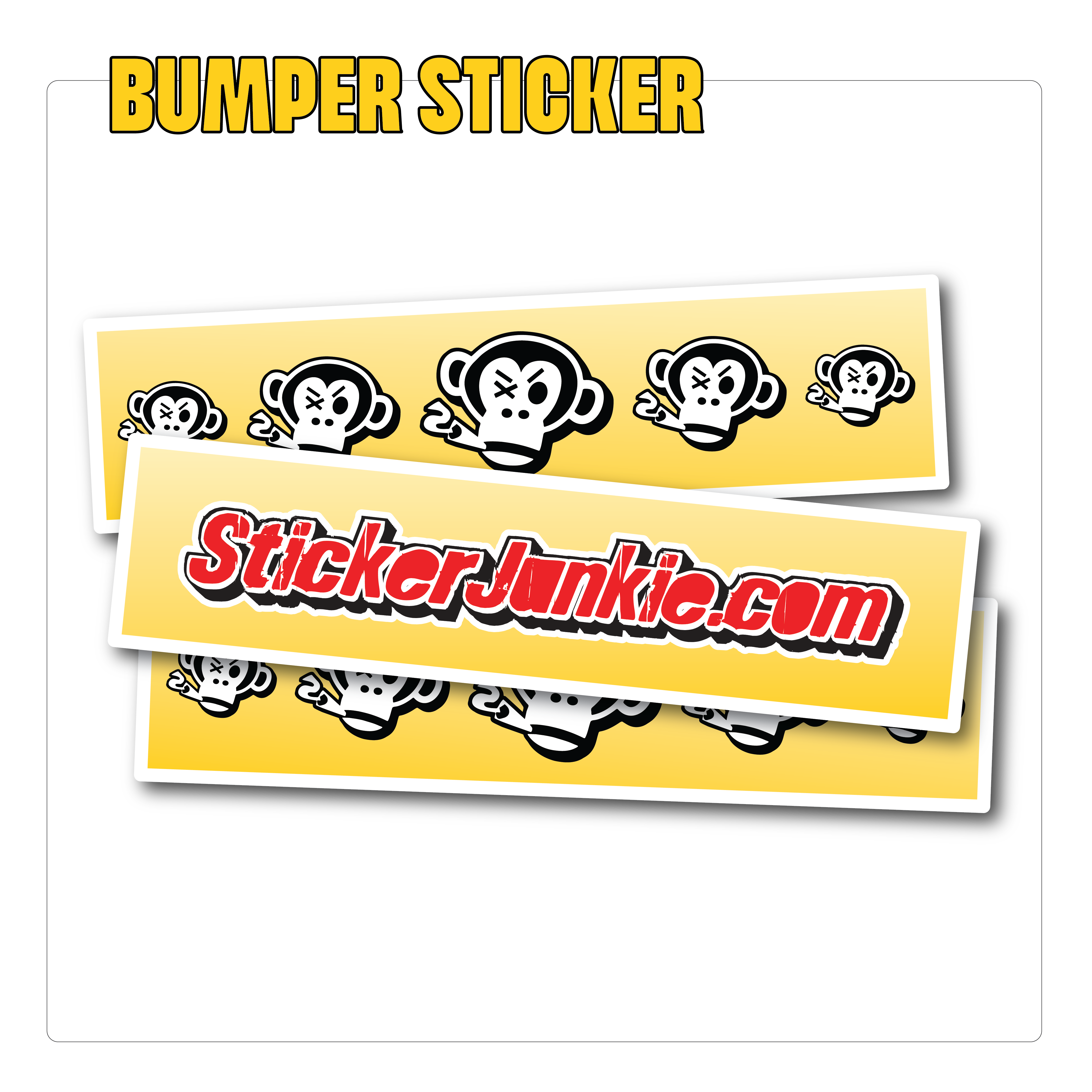 Three yellow bumper stickers featuring cartoon skull monkeys and "StickerJunkie.com" in bold red text. Playful and edgy design.