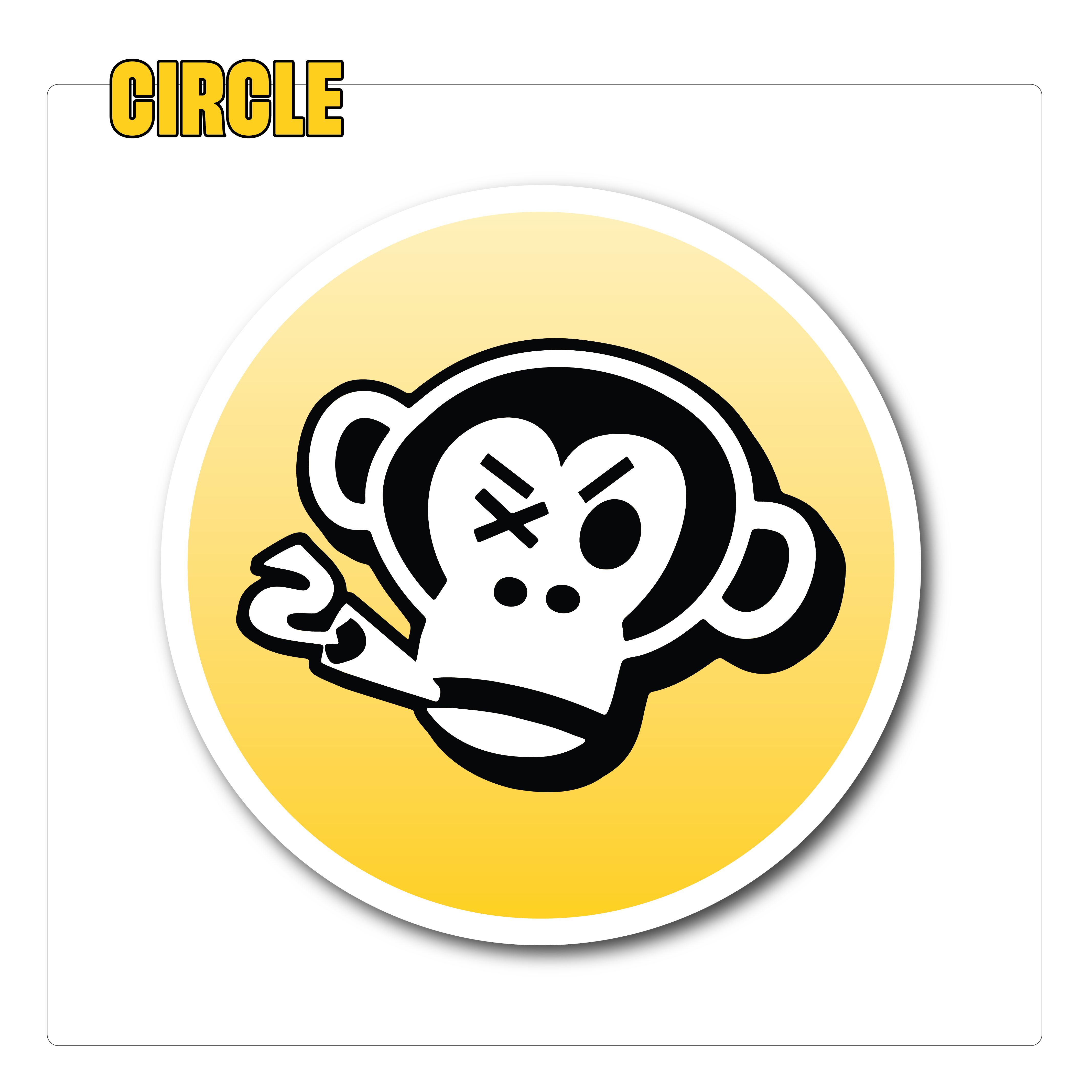 Stylized cartoon monkey face with closed eyes and a neutral expression, on a yellow circle background with a black border. The word “CIRCLE” in yellow at the top.