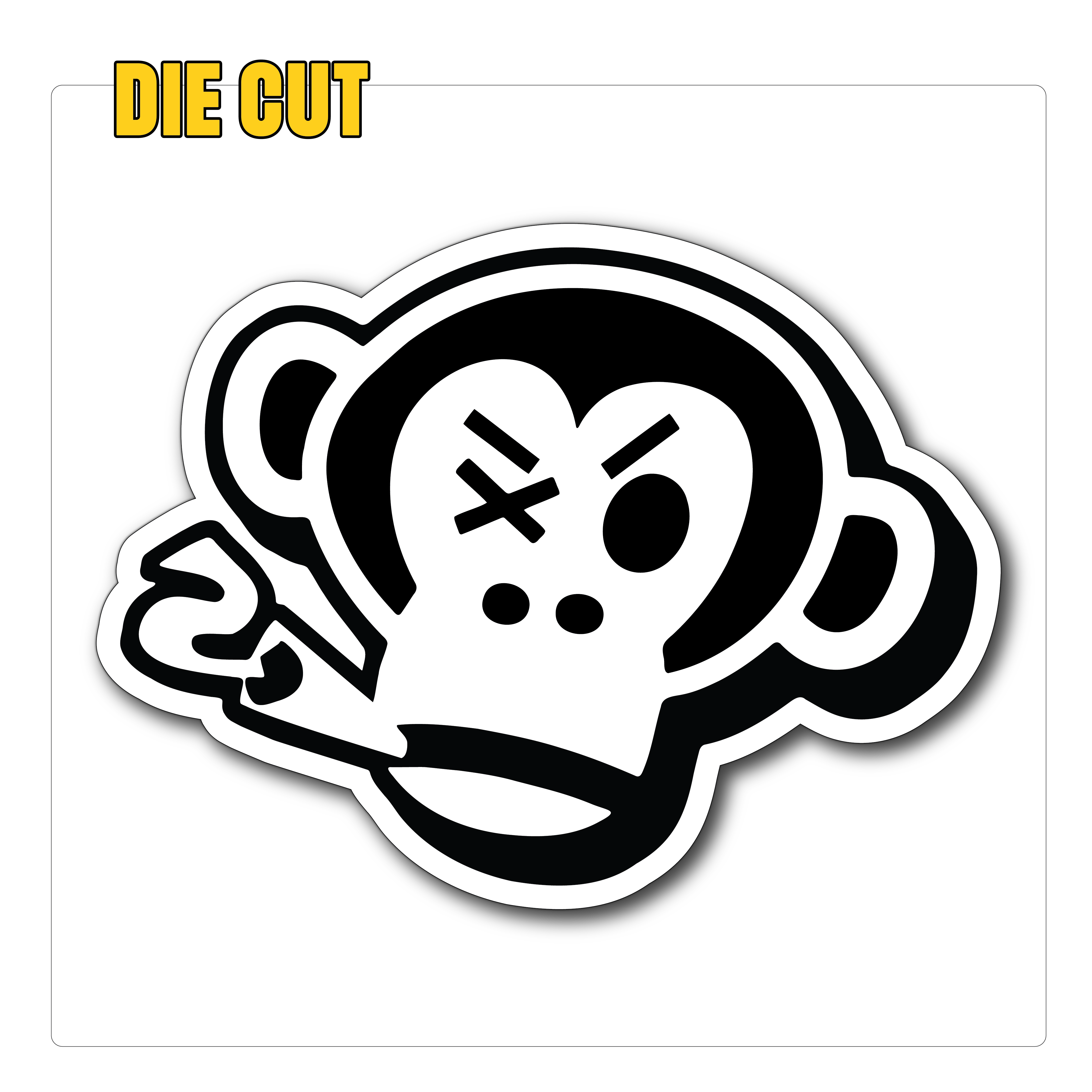 Black and white die-cut sticker of a cartoon monkey face with crossed-out eye, smoking a cigarette, on a black background.