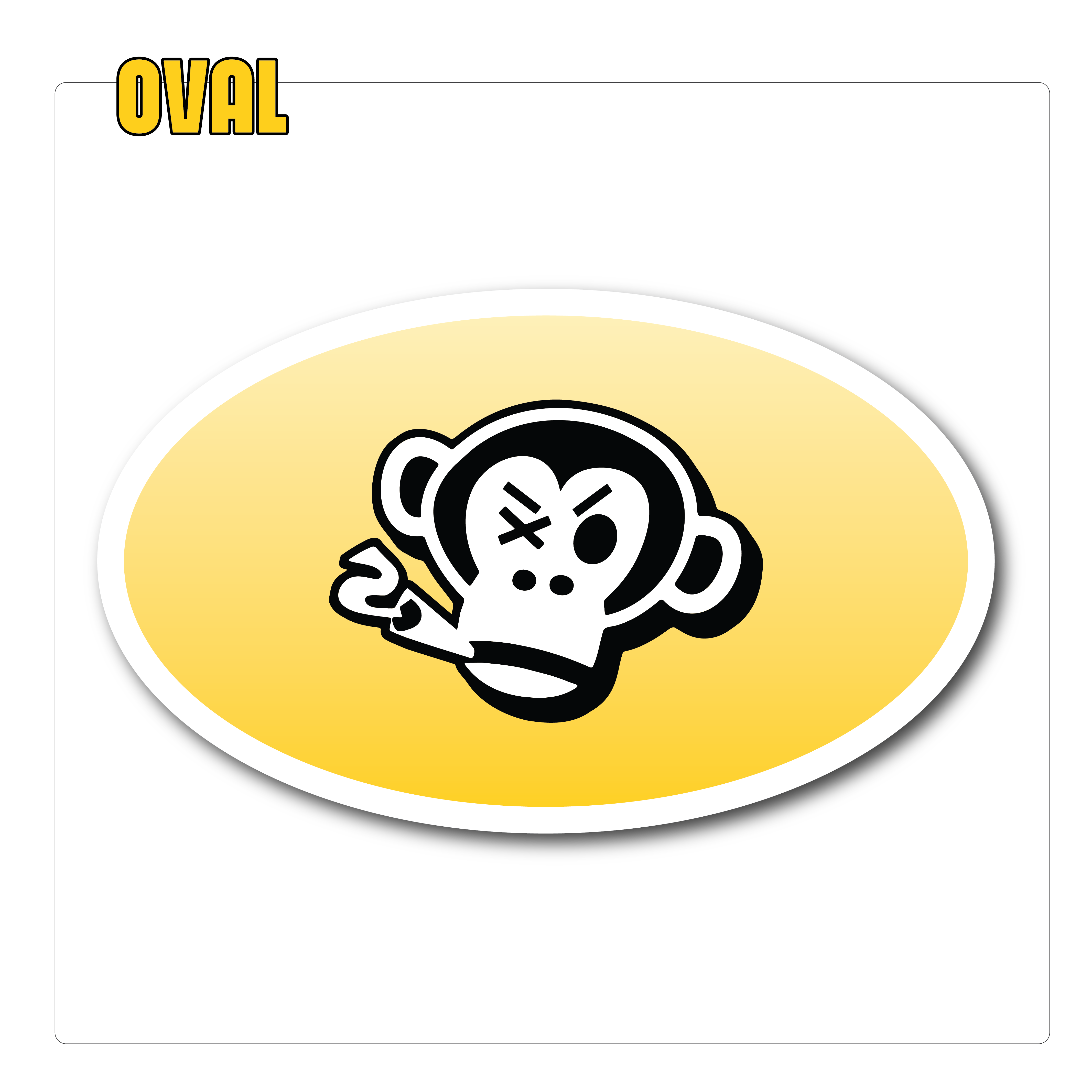 A cartoon monkey face with a wrench in its mouth is centered on a yellow oval background. The black and white design is quirky and playful. "Oval" is written above.