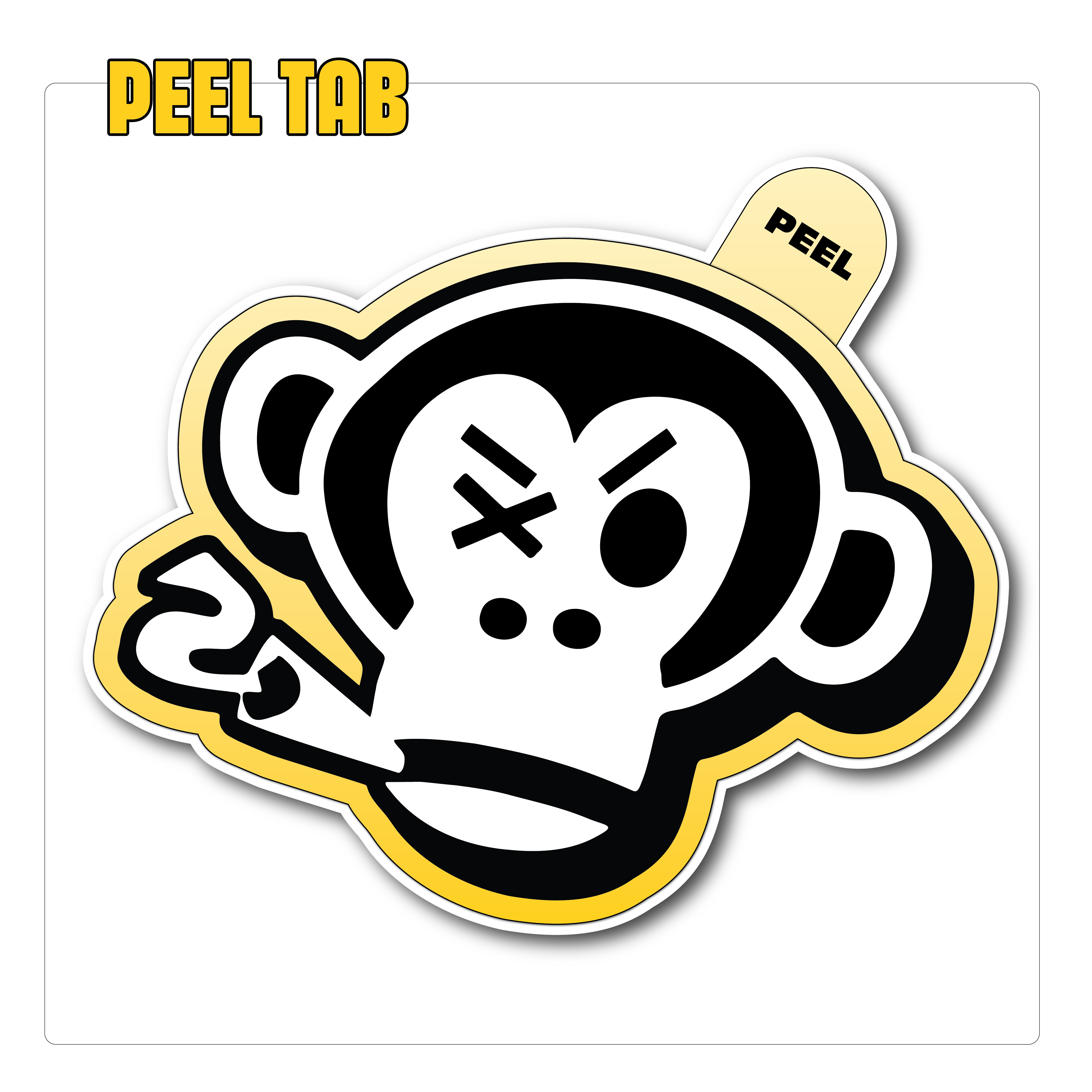 Cartoon monkey face sticker on a black background with a peel tab at the top. The monkey has exaggerated features and a playful expression.
