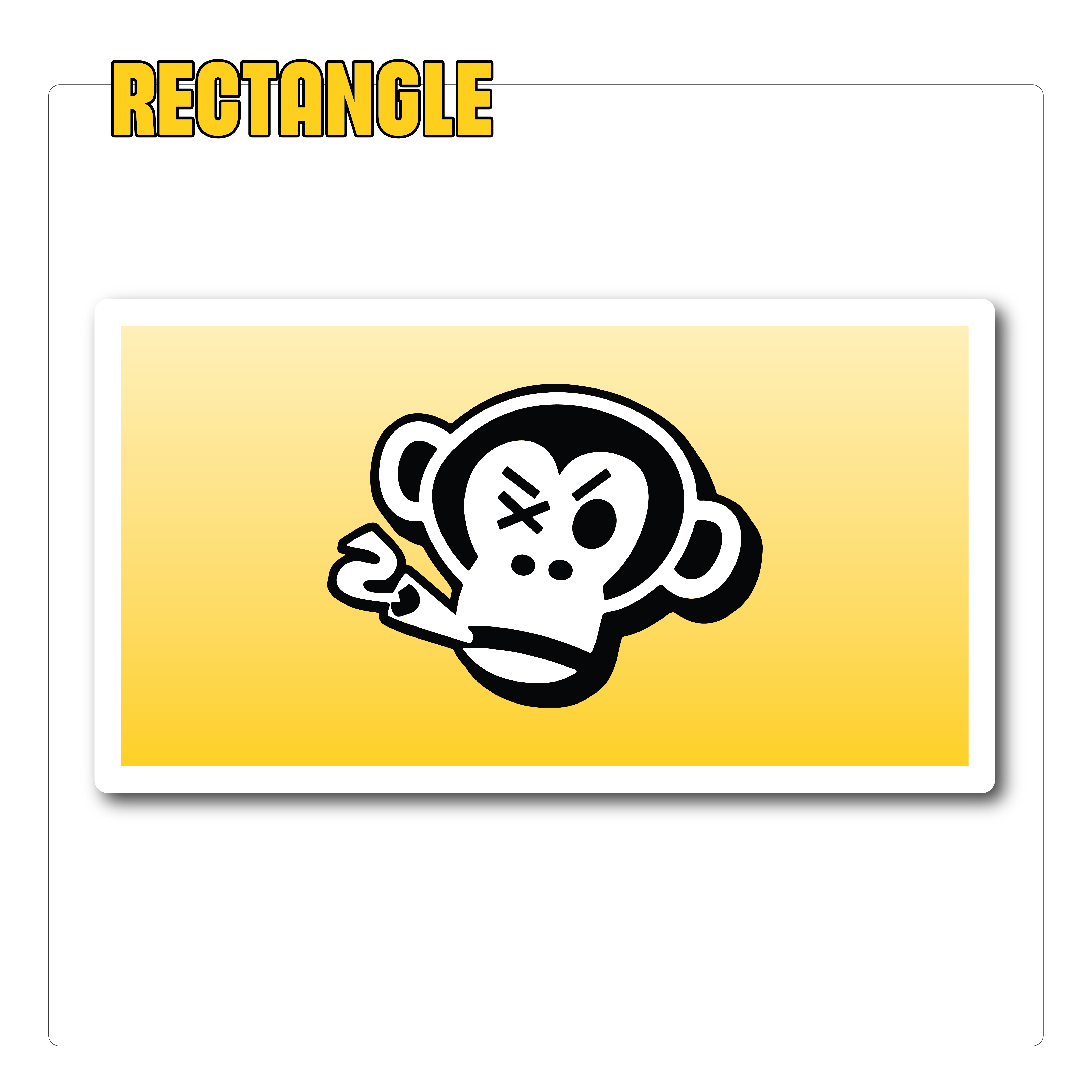 A yellow rectangle features a black and white cartoon monkey with an eye crossed out and a cigarette. The word "Rectangle" appears at the top in bold yellow.