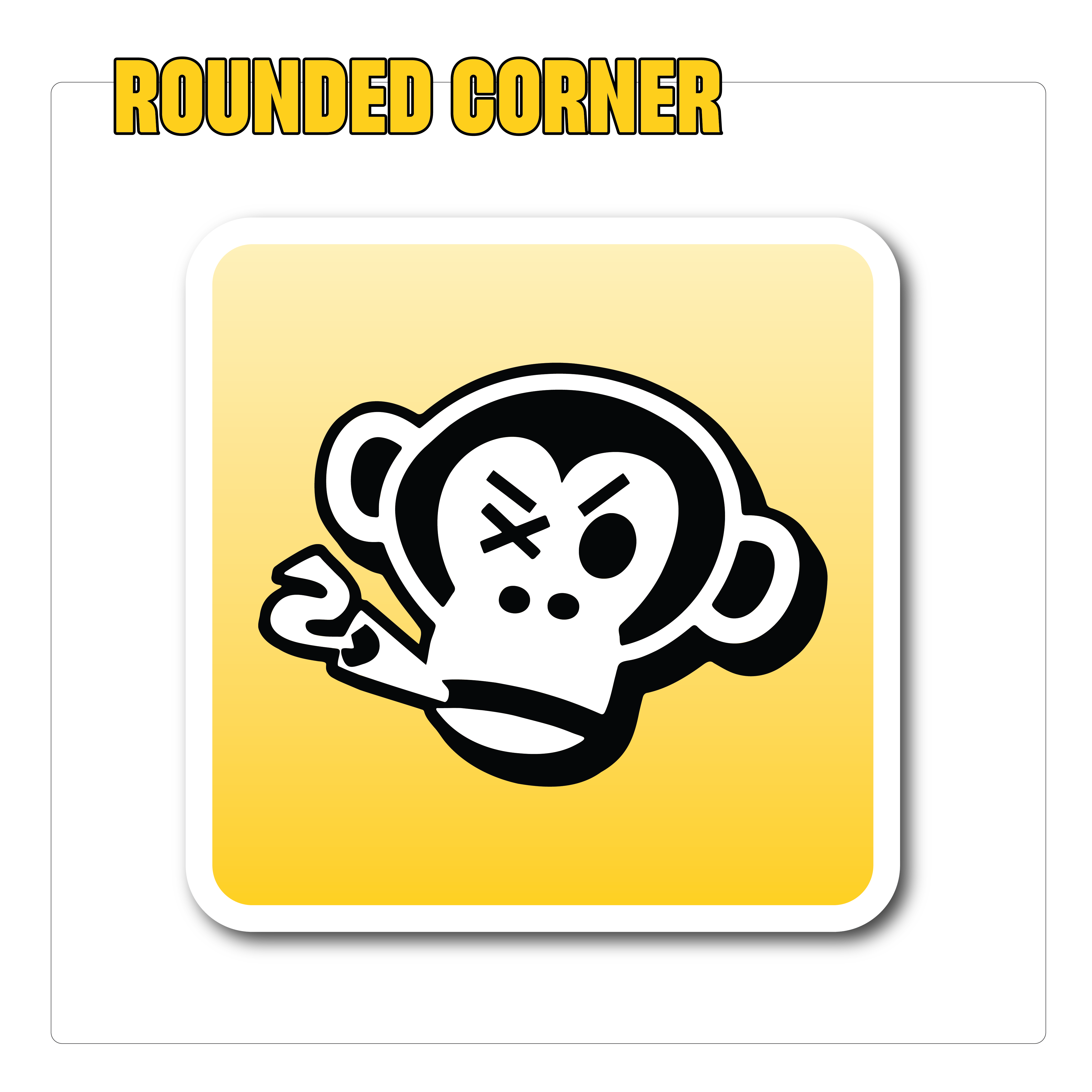 Yellow square with rounded corners featuring a stylized black and white monkey face, one eye crossed out, and a wrench in its mouth. Emphasizes edginess.