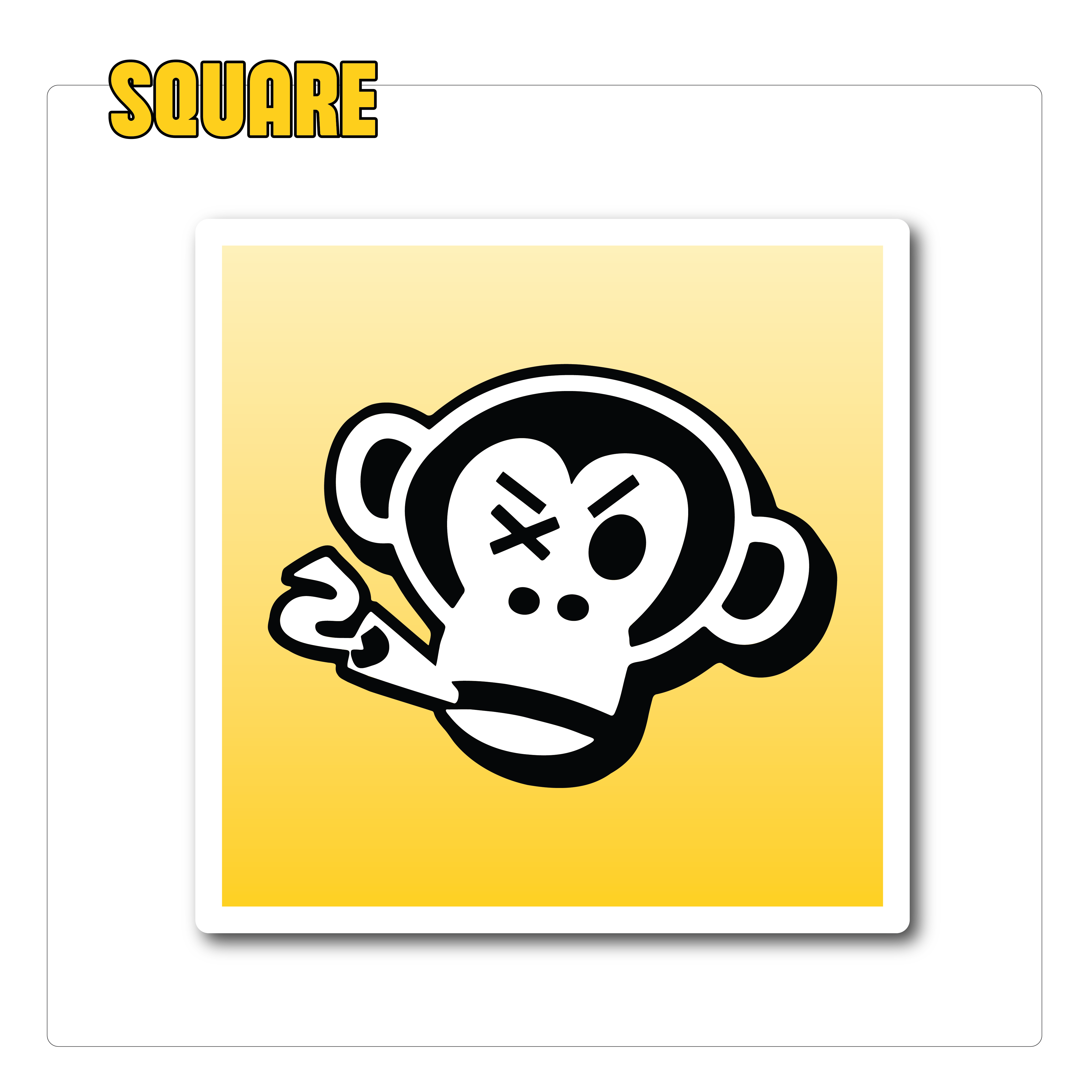 A black and white cartoon monkey with a cigarette in its mouth and a playful expression, set against a yellow gradient background. The word "SQUARE" is in bold yellow at the top left.