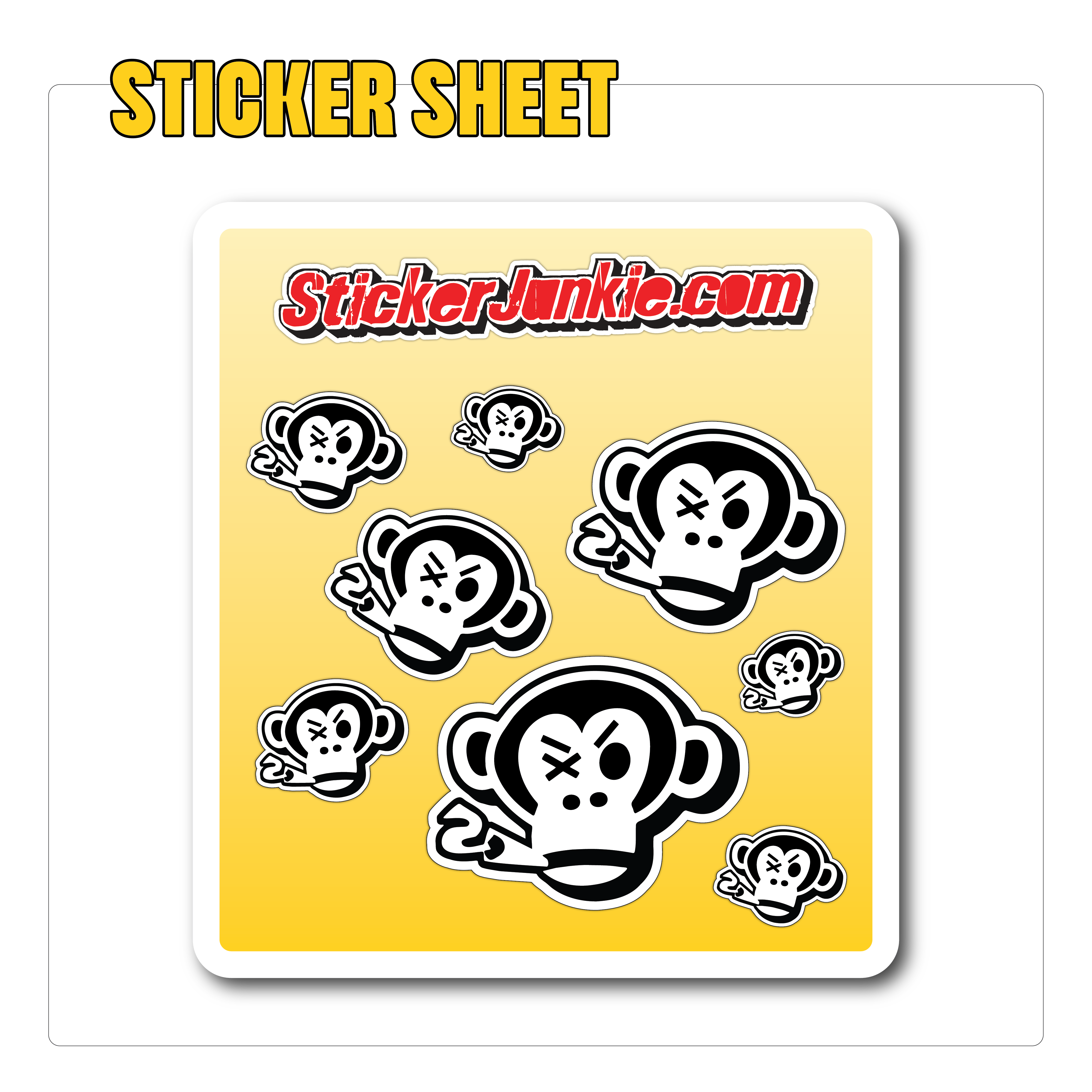 Yellow sticker sheet features black and white cartoon monkeys with varied expressions. The header reads "StickerJunkie.com" in bold red letters.