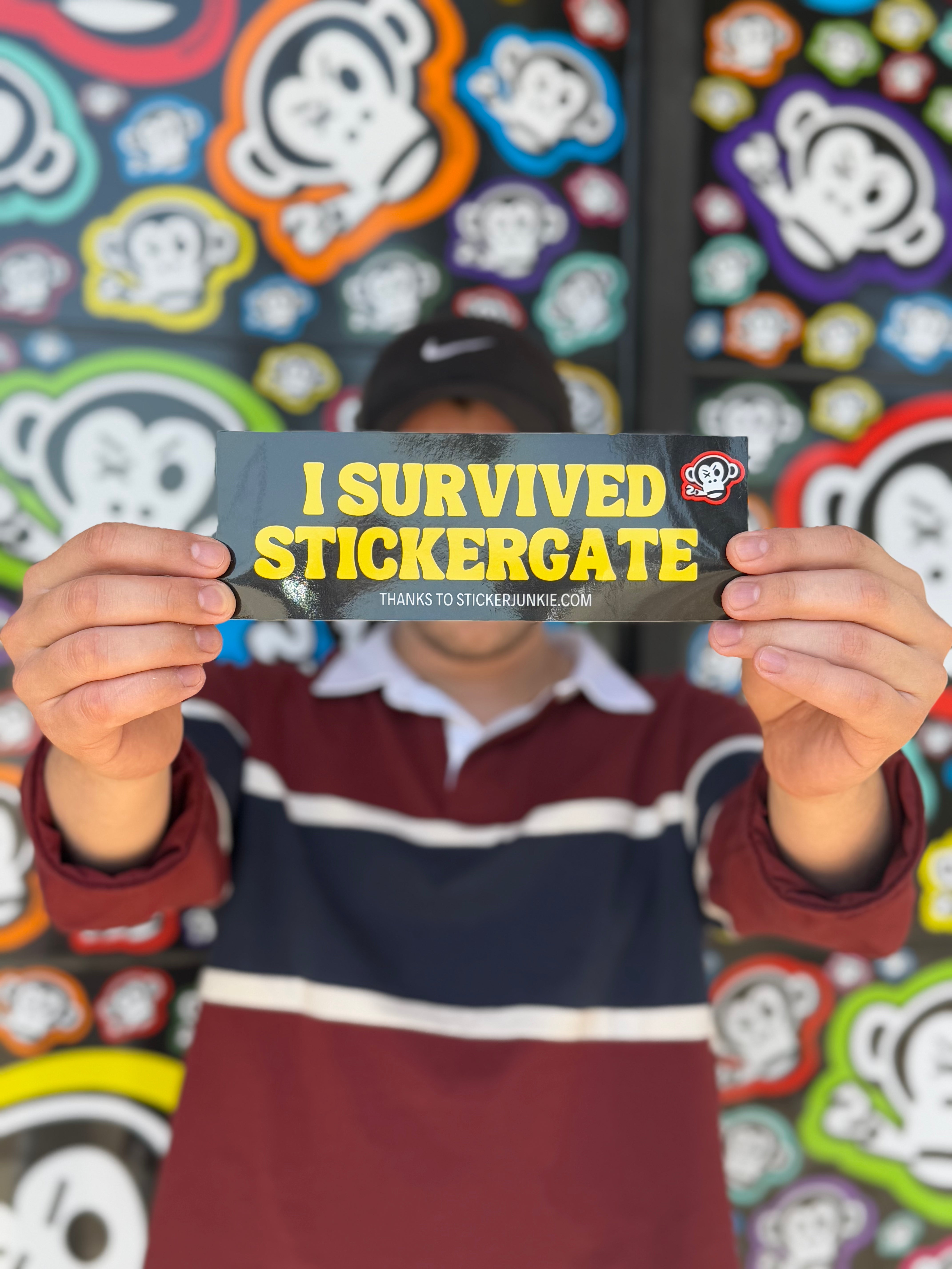 A person holds a sticker with the words "I Survived Stickergate" in bold yellow. The background is a colorful, playful pattern of cartoon monkey faces, creating a fun and triumphant mood.