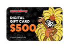 A $500 digital gift card with a black background featuring playful cartoon monkey in a feather dancer outfit and bold text reading "StickerJunkie.com - Digital Gift Card $500”
