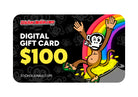 A $50 digital gift card with a black background featuring playful cartoon monkey landing on a pot of gold and bold text reading "StickerJunkie.com - Digital Gift Card $100”