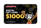 A $1000 digital gift card with a black background featuring playful cartoon monkey celebrating with sparklers and bold text reading "StickerJunkie.com - Digital Gift Card $1000”
