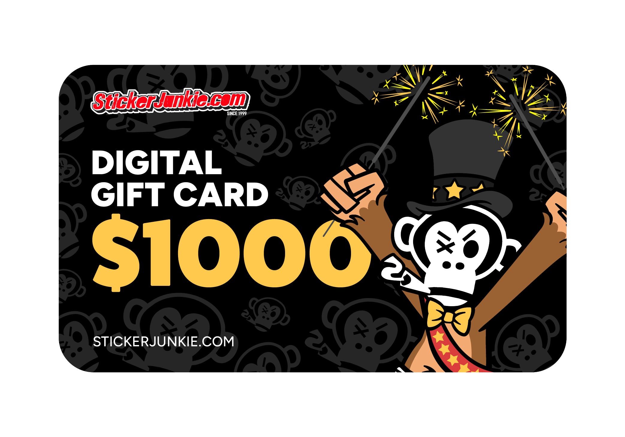 A $1000 digital gift card with a black background featuring playful cartoon monkey celebrating with sparklers and bold text reading "StickerJunkie.com - Digital Gift Card $1000”

