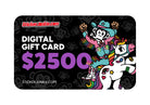 A $2500 digital gift card with a black background featuring playful cartoon monkey riding a unicorn in a cowboy suit and bold text reading "StickerJunkie.com - Digital Gift Card $2500”
