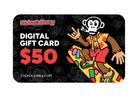 A $50 digital gift card with a black background featuring playful cartoon monkey surfing and bold text reading "StickerJunkie.com - Digital Gift Card $50”