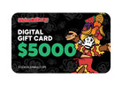 A $5000 digital gift card with a black background featuring playful cartoon monkey in a samba dancer outfit with a fruit headpiece and bold text reading "StickerJunkie.com - Digital Gift Card $5000”
