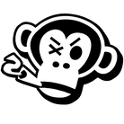 Black and white cartoon monkey head smoking with one eye closed.