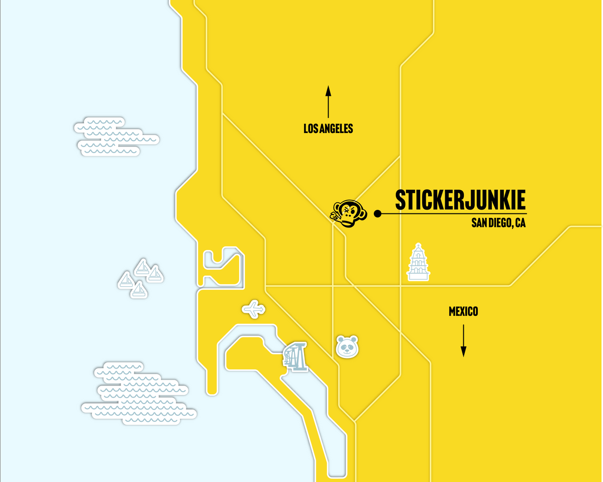 A stylized yellow map graphic with coastal outlines, labeled Los Angeles, Mexico, and the brand name Stickerjunkie San Diego, CA, with small icon illustrations.