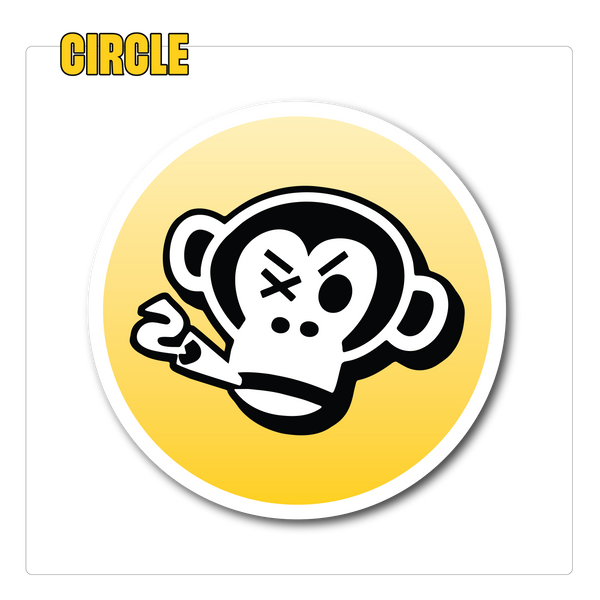 Stylized cartoon monkey face with closed eyes and a neutral expression, on a yellow circle background with a black border. The word “CIRCLE” in yellow at the top.